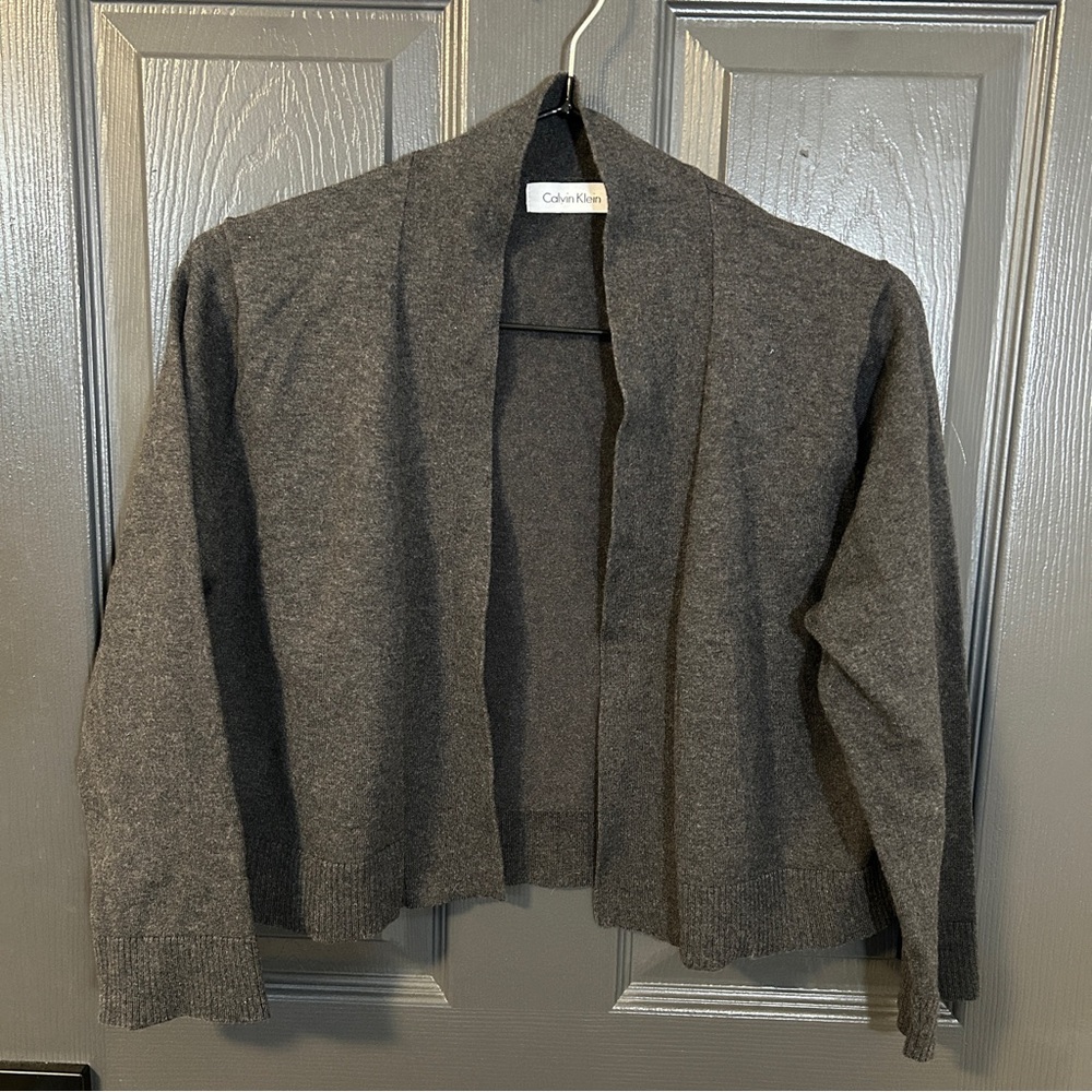 Calvin Klein Cropped 3/4 Sleeve Charcoal Lightweight Open Cotton Blend Cardigan